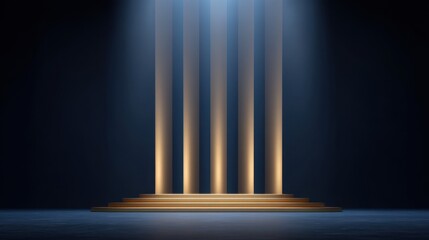 Obraz premium Dramatic Stage Lighting with Illuminated Blue and Gold Columns and Soft Background for Event Performances and Presentations
