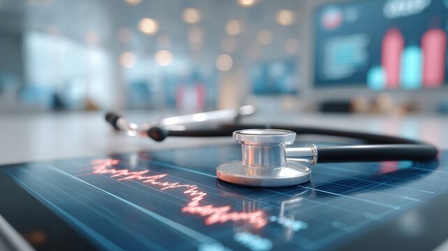 Stethoscope on tablet displaying red financial graph, showing healthcare industry data technology and medical