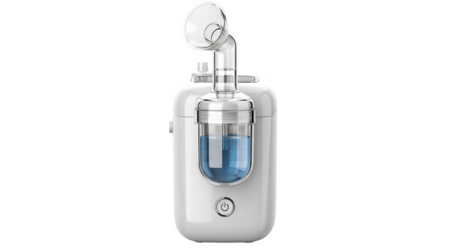 White medical nebulizer features smooth surfaces and clean lighting. Useful for product photography, healthcare ads, and medical technology demonstrations.