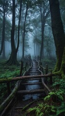 A mysterious forest at dusk, shrouded in mist