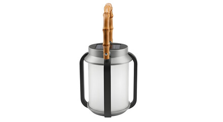 Obraz premium Studio shot shows gray solar lantern with bamboo handle. Product photography for retail, branding, posters, marketing.