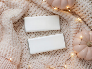 Cozy Autumn Chocolate Bar Mockup with Pumpkins and Fairy Lights