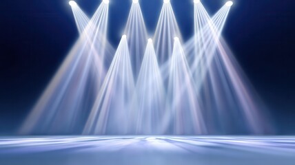 Several concert spotlights are illuminating a reflective stage floor, producing a minimalist a backdrop performance