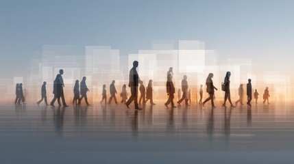 Silhouettes of People Walking Overlaid with Transparent Data Blocks in a Modern Cityscape with Sunset Background