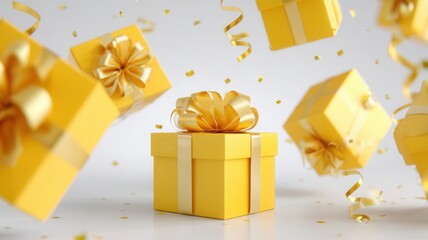 Yellow gift box with golden bow, other presents falling, golden confetti festive celebrating a occasion