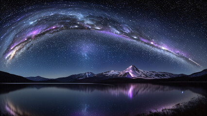 Cosmic Nightscape: Mountain Peaks & Milky Way Reflected on Lake