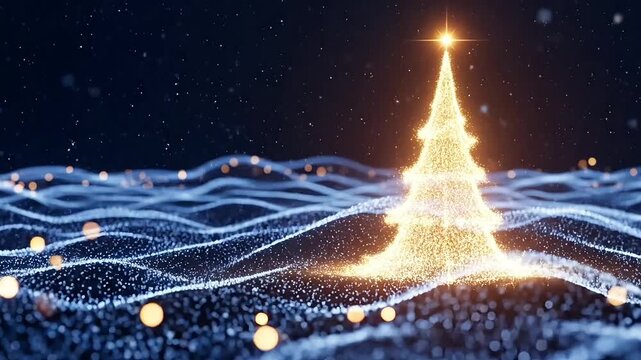 Golden sparkling glowing Christmas tree rising from abstract digital particle wave on dark blue background with glittering star light at top and magical festive snow celebrating Happy New Year Eve 