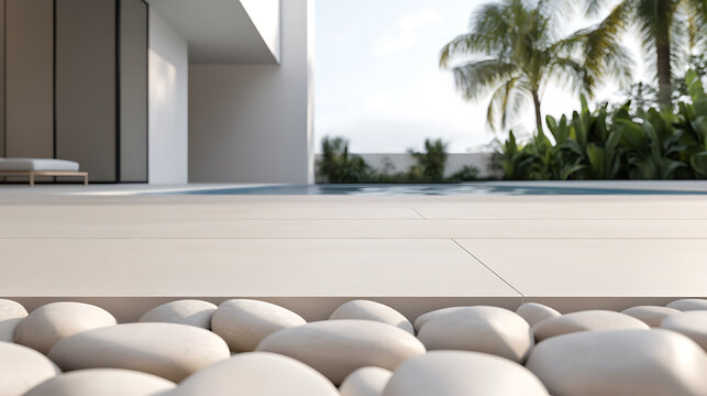 A tranquil poolside scene with smooth, white stones in the foreground, a seamless patio, and blurred tropical foliage, creating an elegant, serene ambiance.