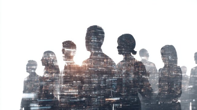 Silhouettes of People Overlaid with Data Blocks Illustrating Modern Technology and Digital Concepts in a Futuristic Style