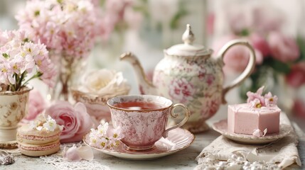 Fototapeta premium Tea Party Invite. Shabby Chic English Afternoon Tea with Porcelain Tea Set and Pink Flowers
