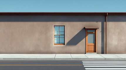Exterior shot of a building featuring a window, door, and sidewalk against a bright blue sky