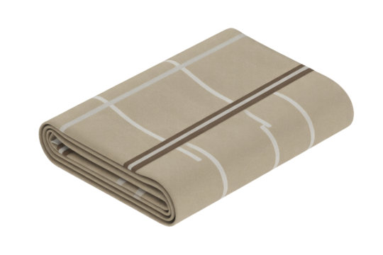 Folded beige plaid textile with white and brown stripes, appearing as a blanket or towel, isolated on a transparent background. background removed