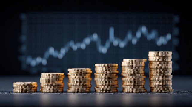Investment Dashboard Filled with Graphs and Piles of Coins Representing Financial Growth, Wealth, and Economic Trends in a Modern Business Setting