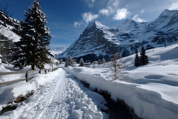 Obraz premium Verschneiter Wanderweg mit Blick auf schneebedeckte Alpen 
