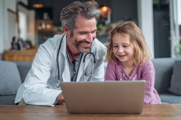 Telehealth Child. Middle Age Doctor Examines Girl at Home with Laptop. Wireless Connection for Paediatric Check-up