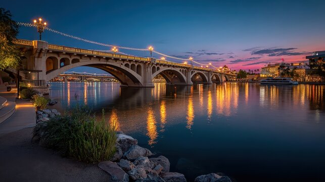 Tempe Az. Mill Ave Bridge Over River with City Architecture and Sunset Sky