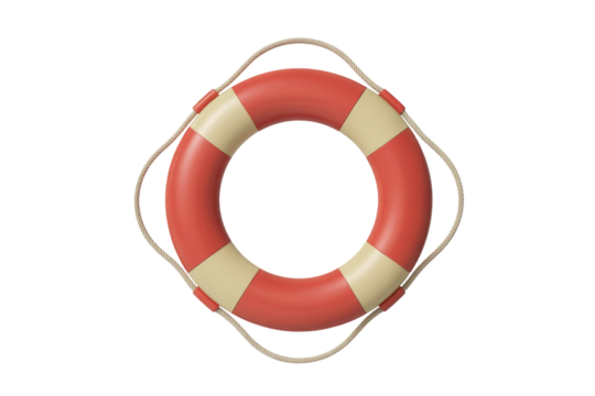 A classic red and cream-striped lifebuoy with a safety rope, rendered in 3D, symbolizing maritime safety and emergency assistance. background removed - Powered by Adobe