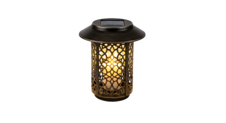Bronze solar light shines, creating geometric patterns. Product photography for outdoor lighting, garden decor, or patio design.