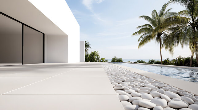 Modern architectural design meets tropical paradise with an elegant poolside. A serene blend of minimalism and nature, capturing the essence of luxury living.