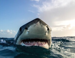 Fototapeta premium A close-up view of a great white shark swimming near the water's surface