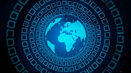 Futuristic Digital Globe Encircled by Blue Technology Icons in Space