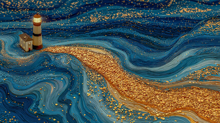 Abstract Lighthouse and Golden Path in Surreal Ocean Scene with