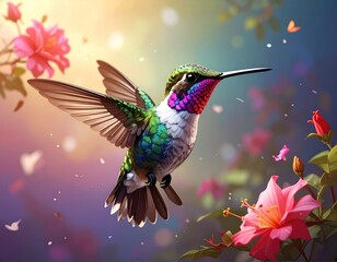 Obraz premium A hummingbird in flight near flowering blooms. Vibrant colors and soft lighting