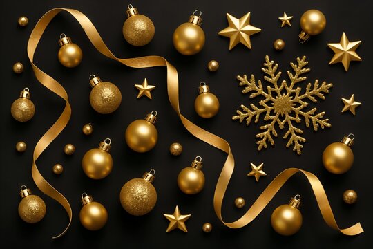 Luxury flat lay of golden Christmas ornaments, stars, and ribbon on black background, elegant festive composition in black and gold tones