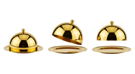 Three Golden Cloche Serving Dishes on Plates graphic