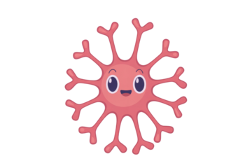 A friendly, cute pink cartoon neuron or brain cell with many dendrite-like extensions, smiling cheerfully. Ideal for educational or children's science content. background removed