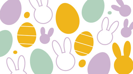A pastel easter pattern with eggs and bunny silhouettes scattered on a white background design art