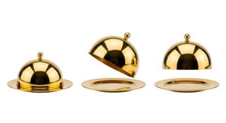 Three Golden Serving Domes on Plates Isolated cloche