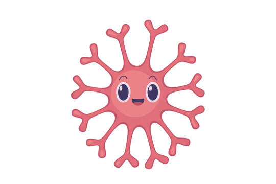 A friendly, cute pink cartoon neuron or brain cell with many dendrite-like extensions, smiling cheerfully. Ideal for educational or children's science content. background removed