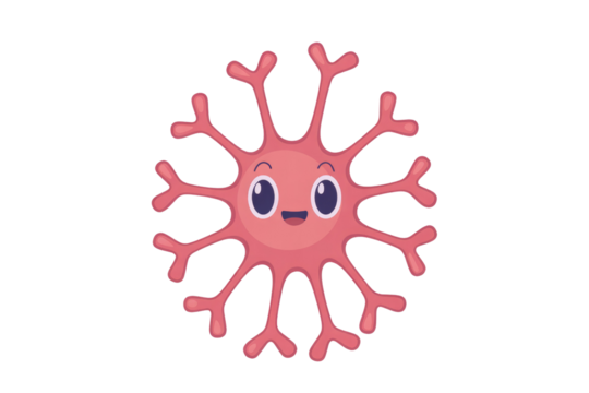 A friendly, cute pink cartoon neuron or brain cell with many dendrite-like extensions, smiling cheerfully. Ideal for educational or children's science content. background removed