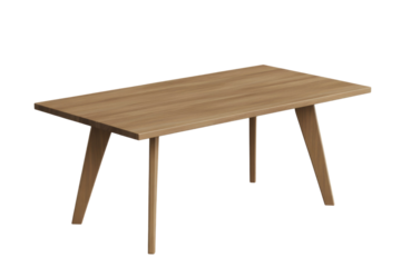 A minimalist, modern wooden dining table with a natural light oak finish and sleek angled legs, presented on a transparent background. background removed