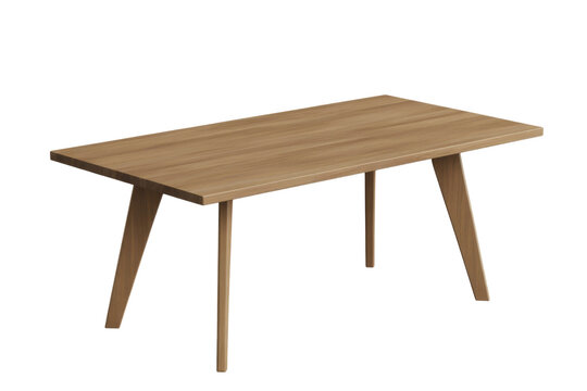 A minimalist, modern wooden dining table with a natural light oak finish and sleek angled legs, presented on a transparent background. background removed