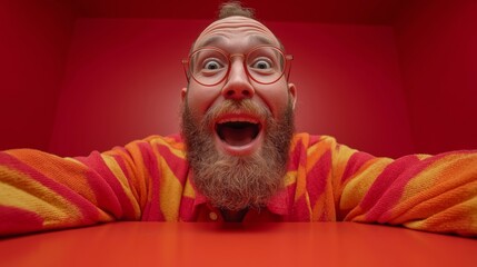 Bright and Cheerful Individual with a Playful Expression Against a Solid Red Background Embracing a Joyful Moment of Fun and Excitement