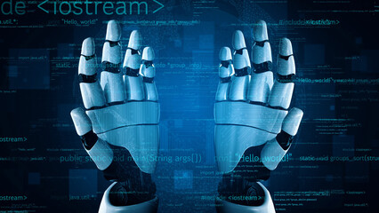 This image showcases robotic hands engaging with digital code in a vibrant tech landscape, symbolizing the intersection of innovation and artificial intelligence in modern society. Xenic