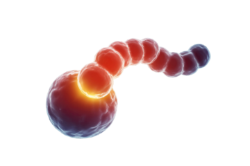 A 3D rendering of a chain of connected cells or molecular structures, glowing with energy, against a solid transparent background. background removed