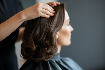 Fototapeta premium Elegant hairstyle creation. A stylist carefully arranges soft, dark brown waves into a chic updo, perfect for a formal event. The model enjoys the pampering touch.