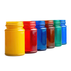 Jars of paint in vibrant colors sit in a row, perfect for art projects and creative expressions in a studio setting