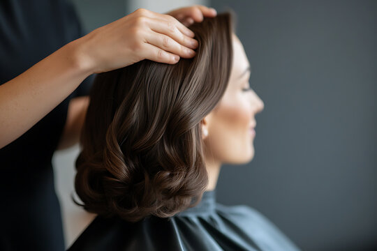Elegant hairstyle creation. A stylist carefully arranges soft, dark brown waves into a chic updo, perfect for a formal event. The model enjoys the pampering touch.