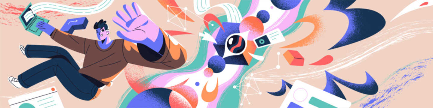 Concept of neural network. Artificial intelligence receives digital information. Abstract cyber space with neurons and flows of data. AI development and machine learning. Flat vector illustration