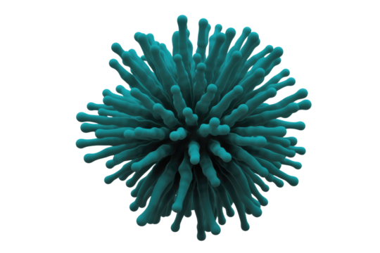 A vibrant teal, spiky globular object, resembling a virus or microscopic organism, digitally rendered with numerous protrusions on a transparent background. background removed