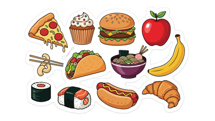 Colorful food and drink sticker design with various elements