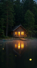 Fototapeta premium Peaceful twilight cabin by lake with mist and warm glowing lights. 