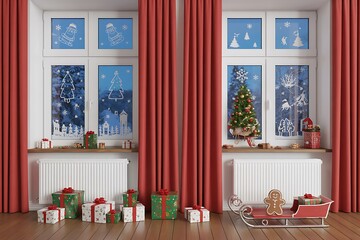 Cozy Christmas scene with decorated windows, gifts and a gingerbread man on a sled next to a Christmas tree.