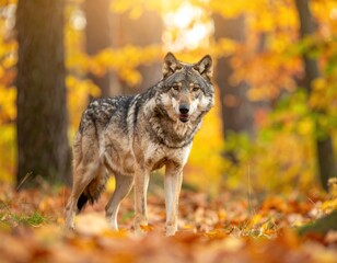Fototapeta premium A majestic wolf stands in a sunlit autumnal forest setting