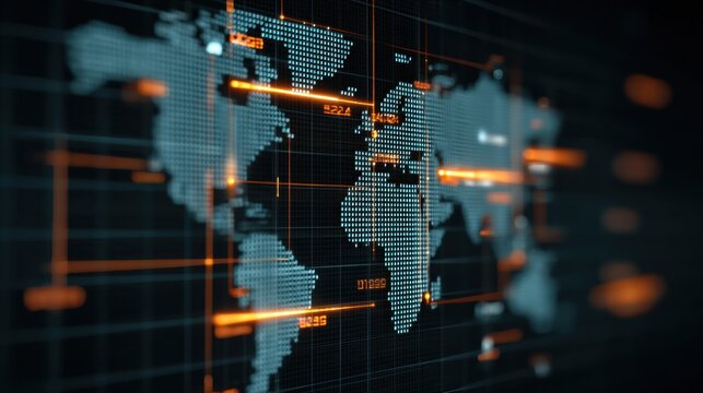 Projected Numerical Data Across a Digital Grid of Planet Earth Representing Global Connectivity and Information Flow in Modern Visualization
