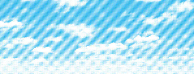 Sky cloud vector engraving texture background. Bright blue sky and white clouds made by diagonal lines and dots. Retro ink background design.